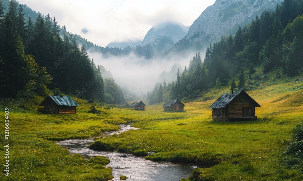 Misty Mountain Valley with Stream and Small Cabins Misty Mountain Valley with Stream and Small Cabins