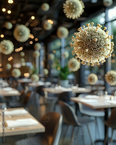Microscopic air pollutants concept. Contemporary restaurant with decorative virus models hanging overhead