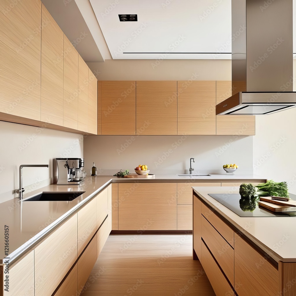 Modern kitchen with warm wooden cabinetry and sleek metallic hardware Modern kitchen with warm wooden cabinetry and sleek metallic hardware