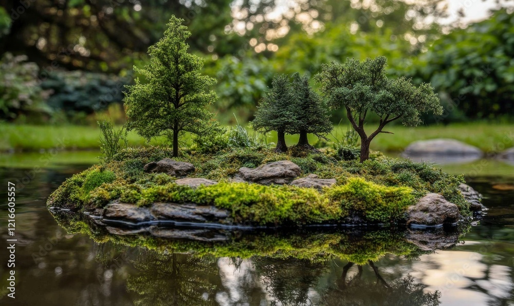 Miniature Island with Trees and Moss-Covered Rocks in a Pond Miniature Island with Trees and Moss-Covered Rocks in a Pond
