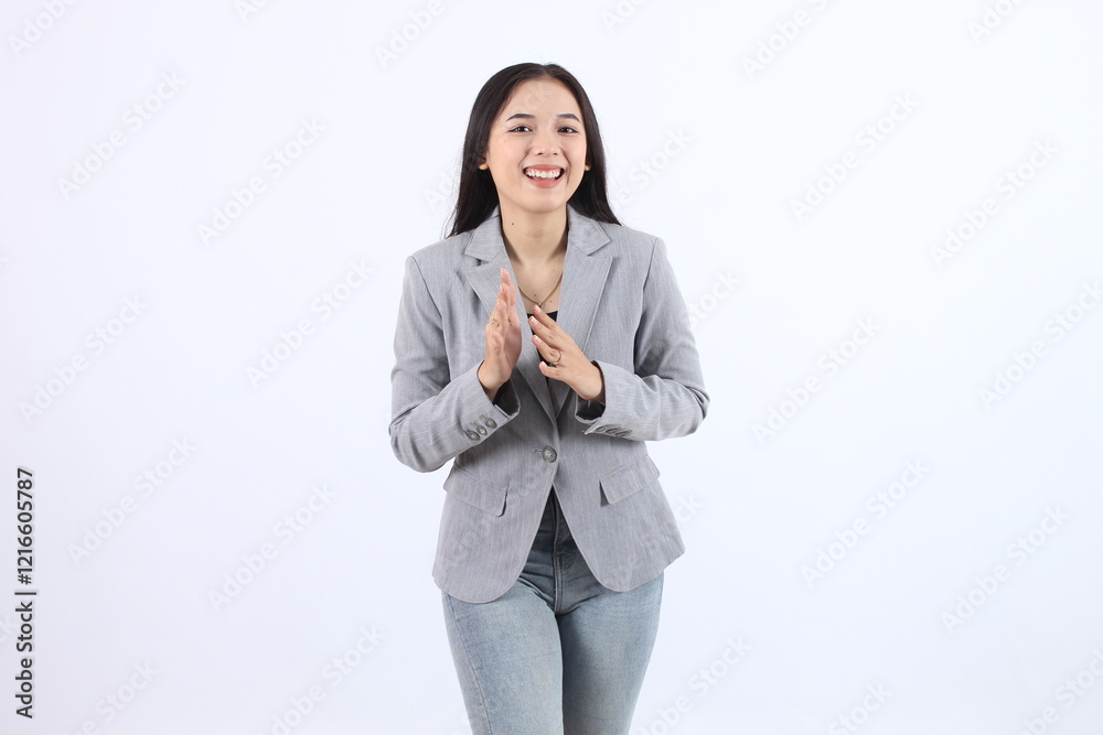 Happy Asian business woman clapping hands in a formal blazer, celebrating success confidently Happy Asian business woman clapping hands in a formal blazer, celebrating success confidently