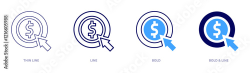 Pay per click icon in 4 different styles. Thin Line, Line, Bold, and Bold Line. Duotone style. Editable stroke