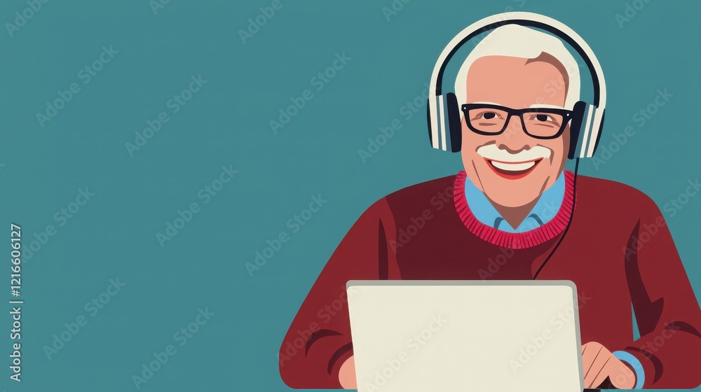 Smiling senior man wearing headphones uses a laptop. He's enjoying technology and connectivity. Smiling senior man wearing headphones uses a laptop. He's enjoying technology and connectivity.