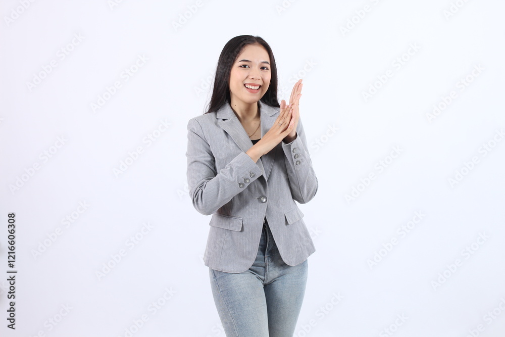Happy Asian business woman clapping hands in a formal blazer, celebrating success confidently Happy Asian business woman clapping hands in a formal blazer, celebrating success confidently