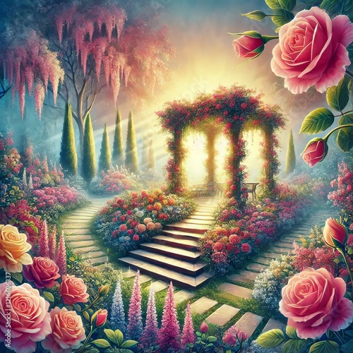 Rose Garden A TV shows a vibrant blooming rose garden and a swee