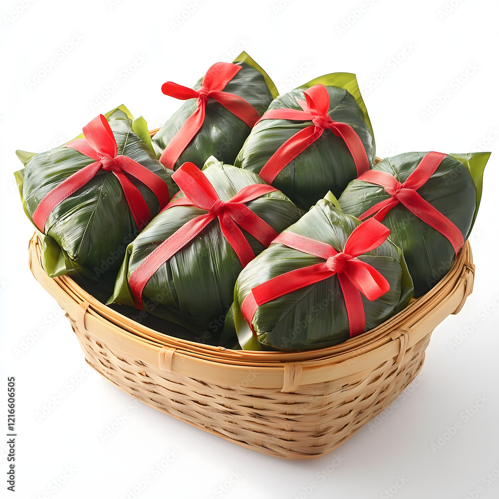 A basket of rice dumplings wrapped in bamboo leave A basket of rice dumplings wrapped in bamboo leave