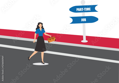 Part-time job, side job or small business, additional work outside working hours, businesswoman or employee running towards the part time job direction board