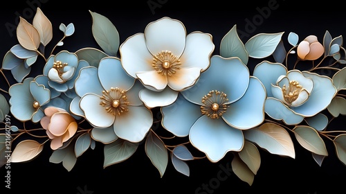 Elegant Blue and Gold Flowers with Leaves Design