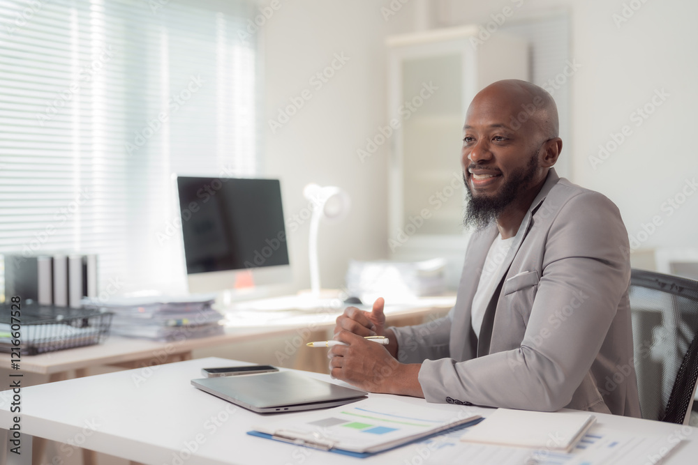 Fototapeta premium Smiling businessman sitting at a white desk, working on a laptop while holding a pen. Surrounded by a smartphone, papers, and files in a bright, modern office space