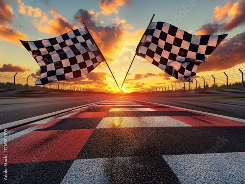 Checkered flags waving at the finish line of a race track at sunset.