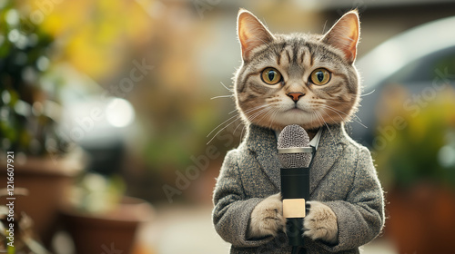 A cat wearing a tailored suit stands outdoors, holding a microphone and looking directly at the viewer. The background features blurred plants and soft colors, hinting at a sunny day. photo