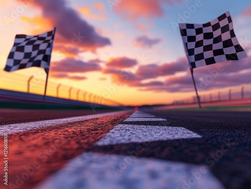 checkered flags mark the finish line of a race track at sunset