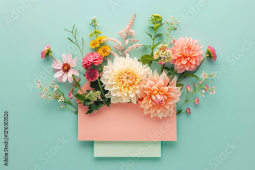 A delightful arrangement of vibrant flowers bursts from a pastel envelope against a fresh mint background