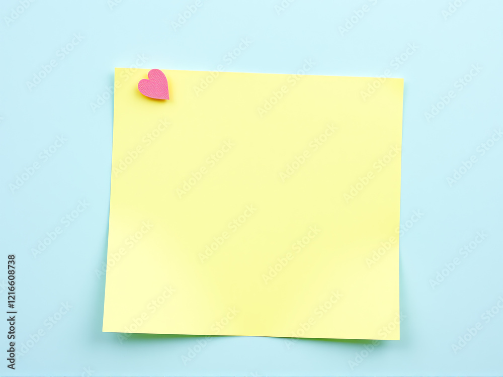 Blank yellow sticky note with pink heart on blue background ready for messages or reminders Blank yellow sticky note with pink heart on blue background ready for messages or reminders