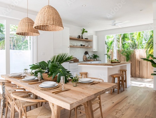 Bohemian boho lifestyle concept. Bright and airy dining space featuring a wooden table, natural decor, and lush plants, ideal for modern interior design inspiration. photo