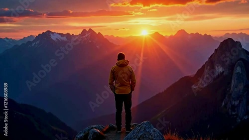 A person in a yellow jacket stands atop a mountain ridge, gazing at a vibrant sunset casting light over jagged peaks, embodying the beauty of nature and the essence of adventure.