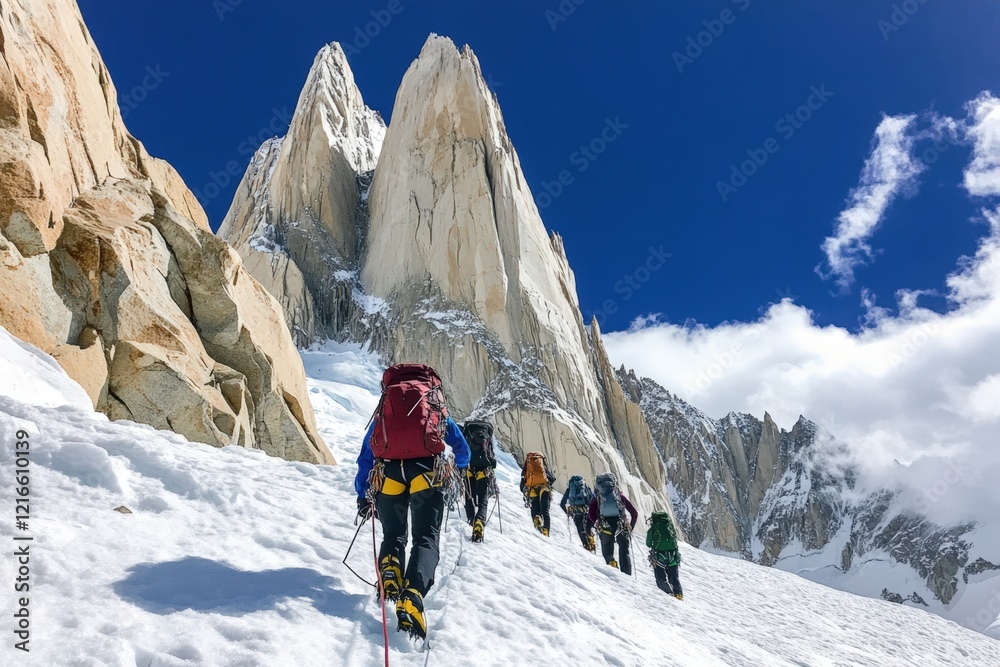 mountaineers ascend a snowy mountain peak on a sunny day mountaineers ascend a snowy mountain peak on a sunny day