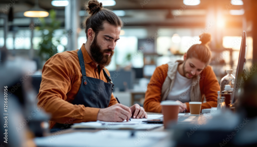 Focused Teamwork: Two Bearded Men Collaborate on a Project in a Modern, Bright Workspace Focused Teamwork: Two Bearded Men Collaborate on a Project in a Modern, Bright Workspace