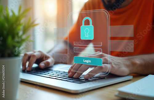 Person types on laptop keyboard. Login button appears on screen. Concept of cyber security, online data protection. Man uses secured internet access. Focuses on login, password input. Image shows