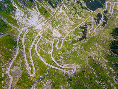 Aerial wide angle view of Transfagarasan mountain road in Romania