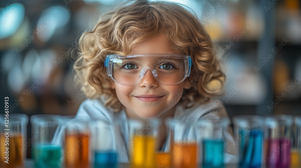 A cheerful child wearing goggles stands in front of several glass containers filled with brightly colored liquids. A cheerful child wearing goggles stands in front of several glass containers filled with brightly colored liquids.