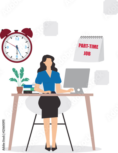Part time job design illustration, part-time online job opportunity, businesswoman standing while offering part time jobs with clock and banner