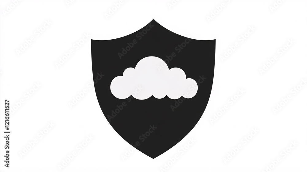 Black shield icon with a stylized white cloud design minimalist and modern style on a plain white background
Black shield icon with a stylized white cloud design minimalist and modern style on a plain white background