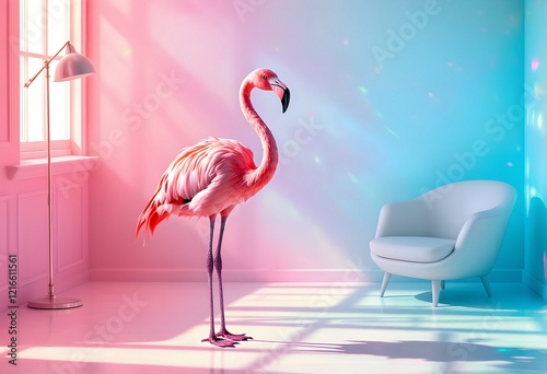 Pink Flamingo in a Pastel Dream: A Serene, Artistic Interior Scene