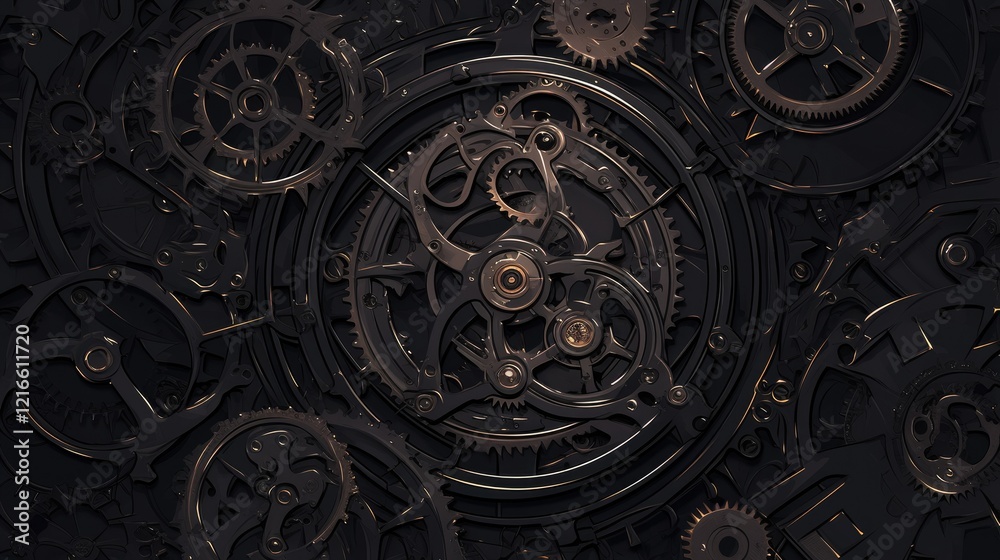 Naklejka premium Intricate arrangement of gears and cogs, showcasing mechanical design and engineering.