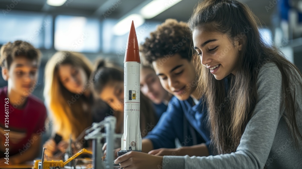 Fototapeta premium Inspiring Future Innovators: Diverse Students Collaborating on Model Rocket in Bright Classroom