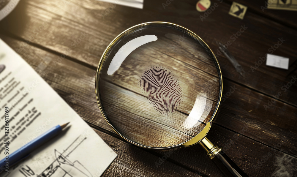 Top view Detective Investigation Tools with Magnified Fingerprint wooden background Top view Detective Investigation Tools with Magnified Fingerprint wooden background