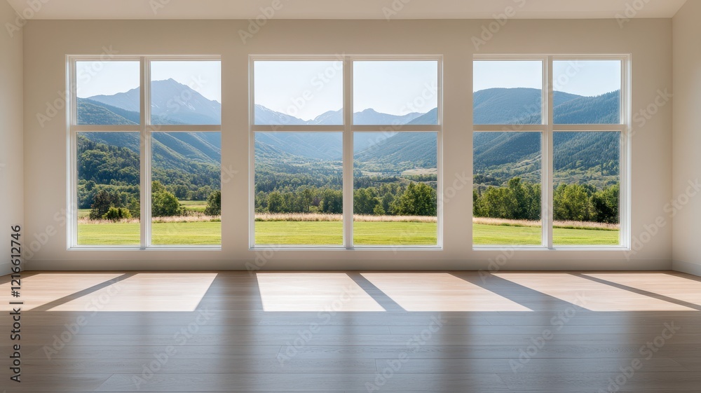 Fototapeta premium Yoga retreat center surrounded by serene nature mountain view interior space tranquil environment