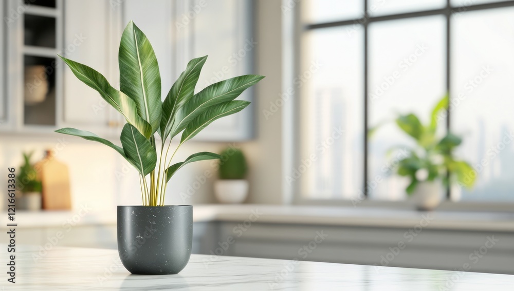 Fototapeta premium Serene Houseplant in Modern Kitchen: A Still Life