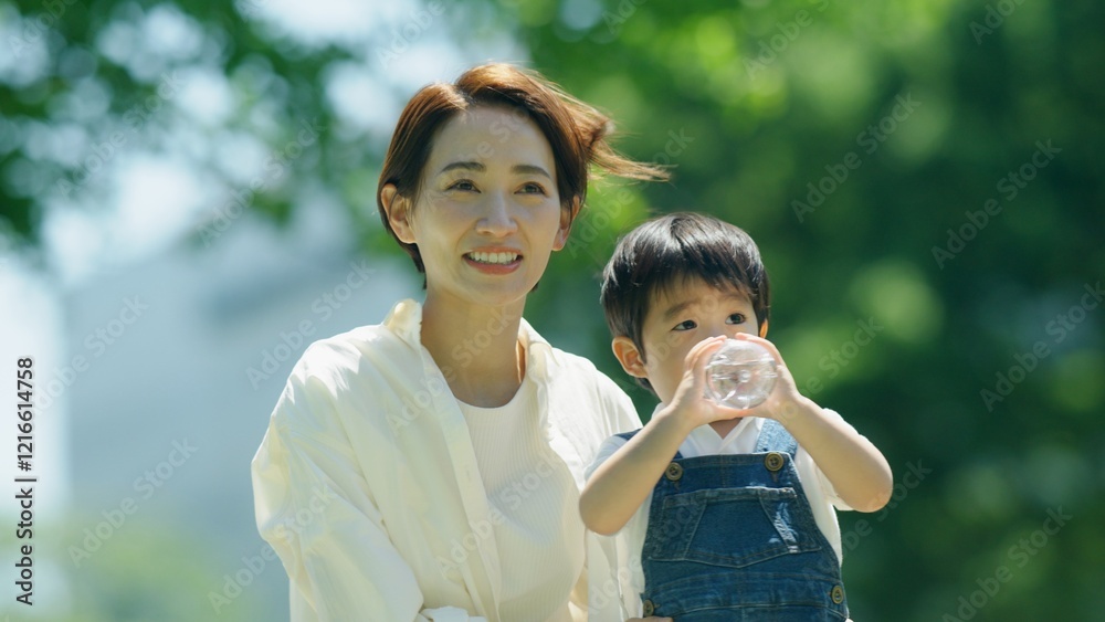 Obraz premium 3歳の息子に水を飲ませる母親