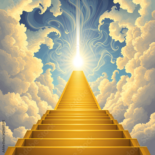 An imposing golden staircase directs upward into a luminous horizon, surrounded by swirling clouds reflecting the convergence of humanity and divine inspiration. Rapture. Illustration photo