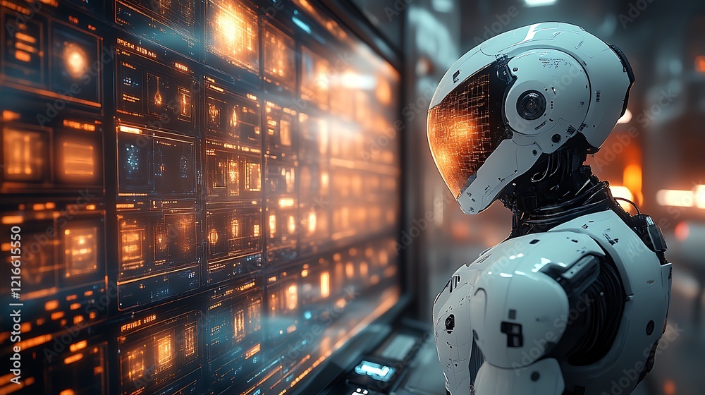 Futuristic robot monitoring data on large screen. (1) Futuristic robot monitoring data on large screen. (1)