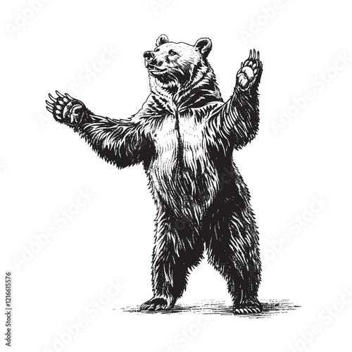 Grizzly bears standing upright on its hind legs, showcasing intricate fur details, strength, and wilderness elegance. Wildlife Animals.