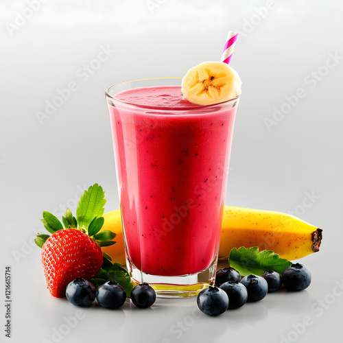 a strawberry shake decorated with strawberries, bananas, and blueberries