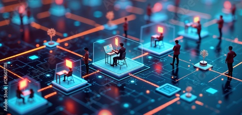 Miniature people work collaboratively on modern tech. Use computers, connected by tech network. Agile tech approach to development shown. Visual represents efficiency, productivity in software
