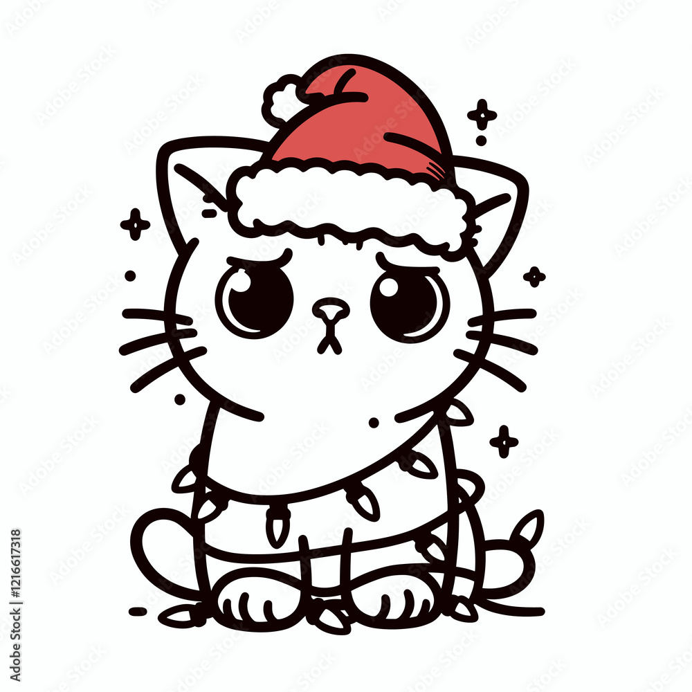 A cute cat in a Santa hat, adorned with Christmas lights, exuding a playful yet slightly grumpy vibe in a festive illustration. A cute cat in a Santa hat, adorned with Christmas lights, exuding a playful yet slightly grumpy vibe in a festive illustration.