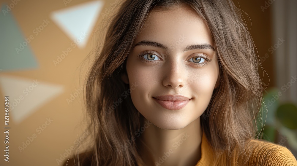 Naklejka premium Captivating portrait of a young woman indoor setting lifestyle photography warm environment natural light