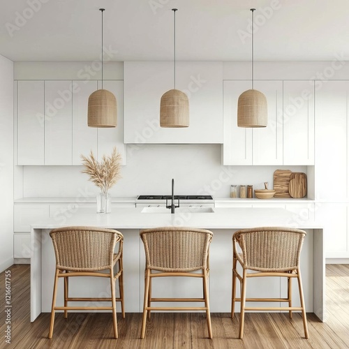 Warm-toned kitchen with rattan chairs, muted tones, and soft ambient light photo