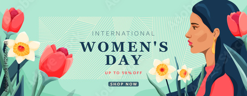 Womens day banner vector background. 8 march sale concept with woman face, spring flowers bouquet, geometric line pattern, typography offer shop online.