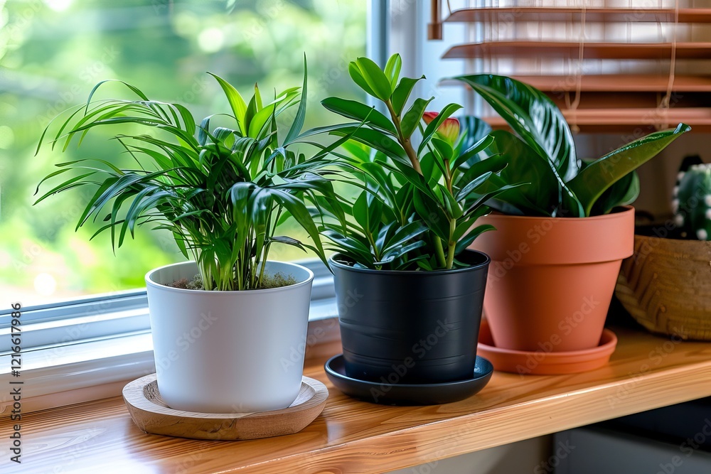 Three potted plants sit on a windowsill, with one of them being a palm tree Three potted plants sit on a windowsill, with one of them being a palm tree