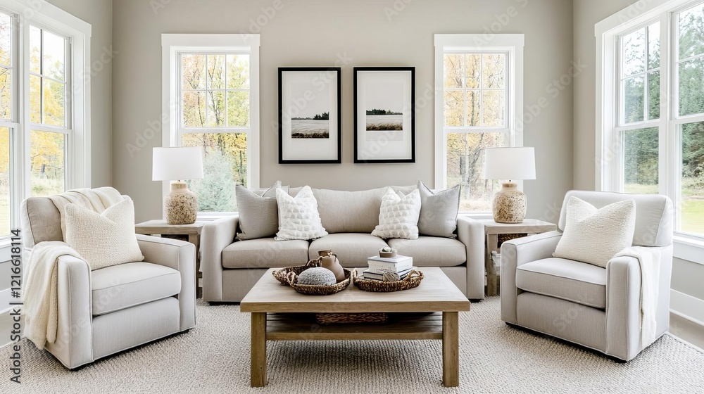 Fototapeta premium Warm-toned living room with neutral walls, natural textures, and soft gray furnishings