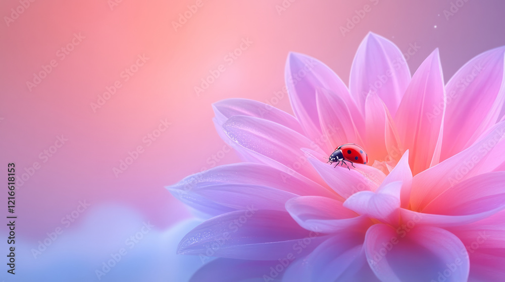 A detailed macro photograph of a freshly cut flower with a cute ladybug resting on its petals, set against a soft, blurred background, A detailed macro photograph of a freshly cut flower with a cute ladybug resting on its petals, set against a soft, blurred background,