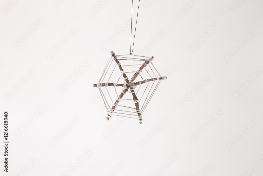 a handmade a spider web craft created using six small sticks arranged hexagonally, with white string wrapped around them to form the web. The craft hangs by a thin black string a handmade a spider web craft created using six small sticks arranged hexagonally, with white string wrapped around them to form the web. The craft hangs by a thin black string