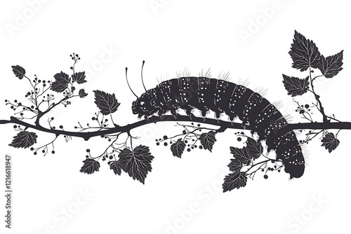 Silhouette of a caterpillar crawling on a berry branch.