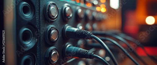 Studio audio mixer close-up; cables plugged in; blurred background lights