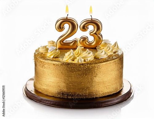 Decorated gold cake for birthday or anniversary party, candle number 23, white background photo